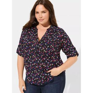Torrid 0 Large Harper Black Pink Blue Roll Tab‎ 3/4 Sleeve Pockets Tunic Top